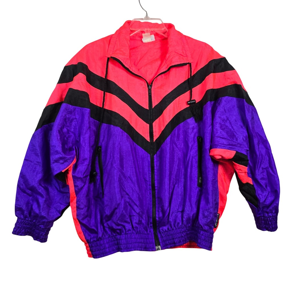 Vintage 80s Neon Windbreaker Jacket Pink Purple XL USA Sporting Life by Catalina